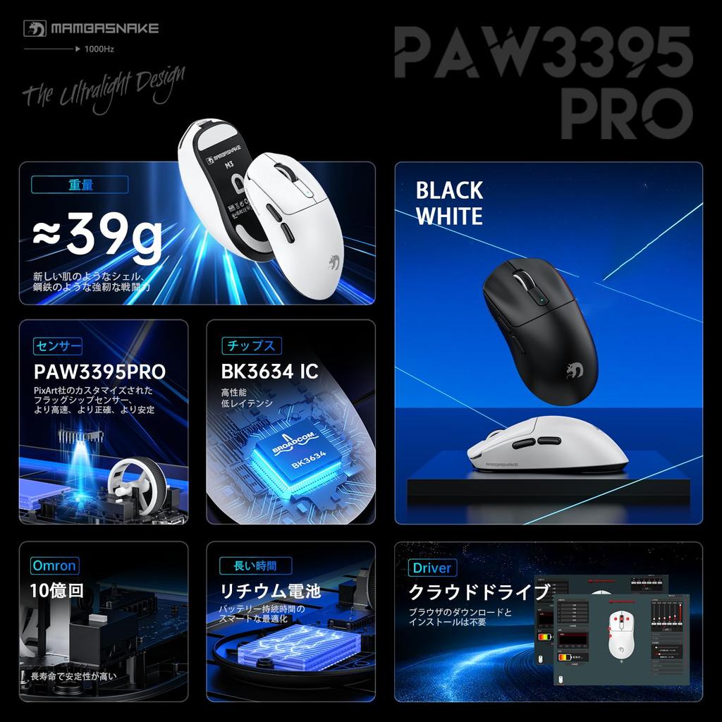 MAMBASNAKE M3Ultra Wireless Gaming Broadcom Fits Medium To Large 200 Hours of Battery Dual for Mouse, Ultra-Lightweight 39±2g, PAW3395PRO, 40000DPI,