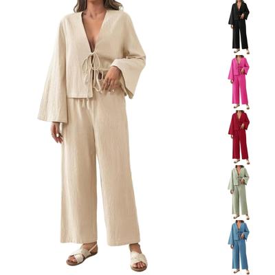 Женский модный повседневный топ с длинными рукавами на шнуровке и комплект брюк с карманами и эластичной талией