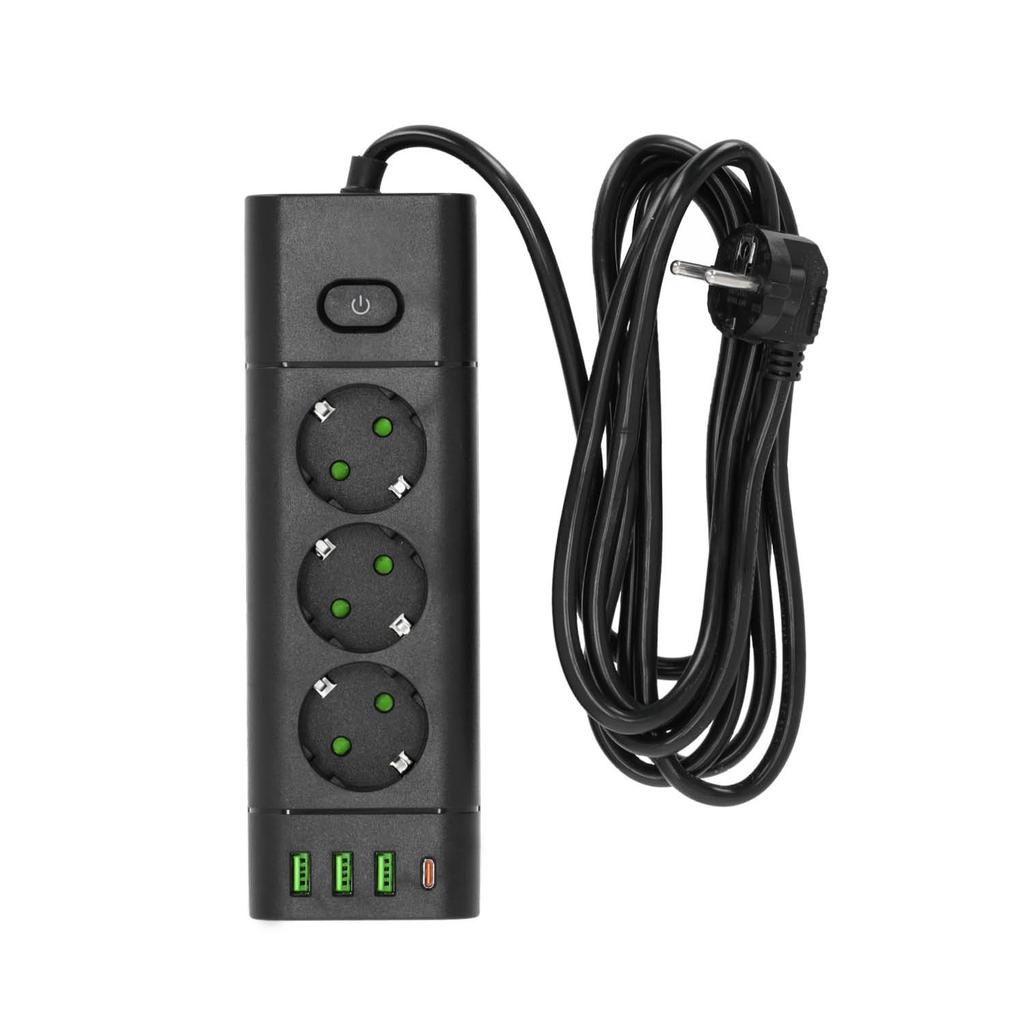 USB extension cord, 3 SCHUKO sockets, 3x USB-A, 1x USB-C, 1.5 , grounded, with switch, black