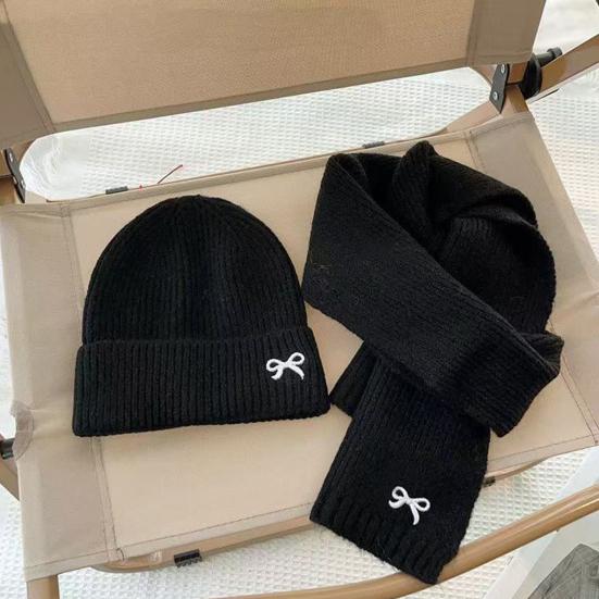 Набор детская шапка и шарф 2 шт./компл. Вязаный капюшон с бантом, ветрозащитный шарф для шеи, утолщенный, мягкий, теплый, уютный, для ношения осенью и зимой