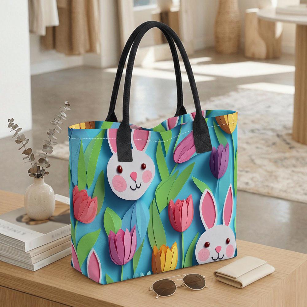 Cute Bunny Floral Tote Bag for Daily Shopping Travel Women Casual Printed Canvas Handbag
