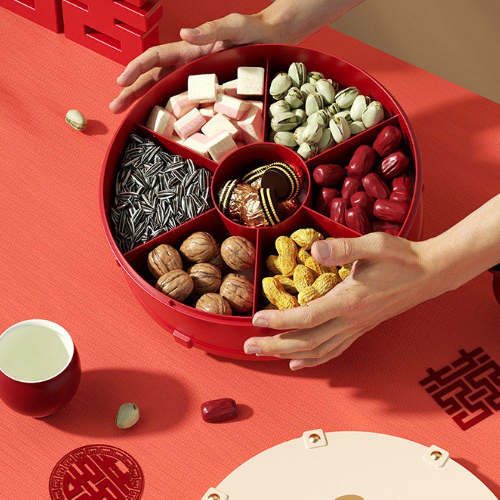 7-Compartment Drum Shape Nut Serving Tray Round Dustproof New Year Candy Box with Lid Sealed Spring Festival Snack Serving Plate