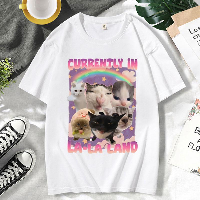 Currently in LaLa Land Funny Cat Meme T Shirt Stupid Gifts Unhinged Tshirt Gift for Women Goofy Cats Tee Shirts Short Sleeve
