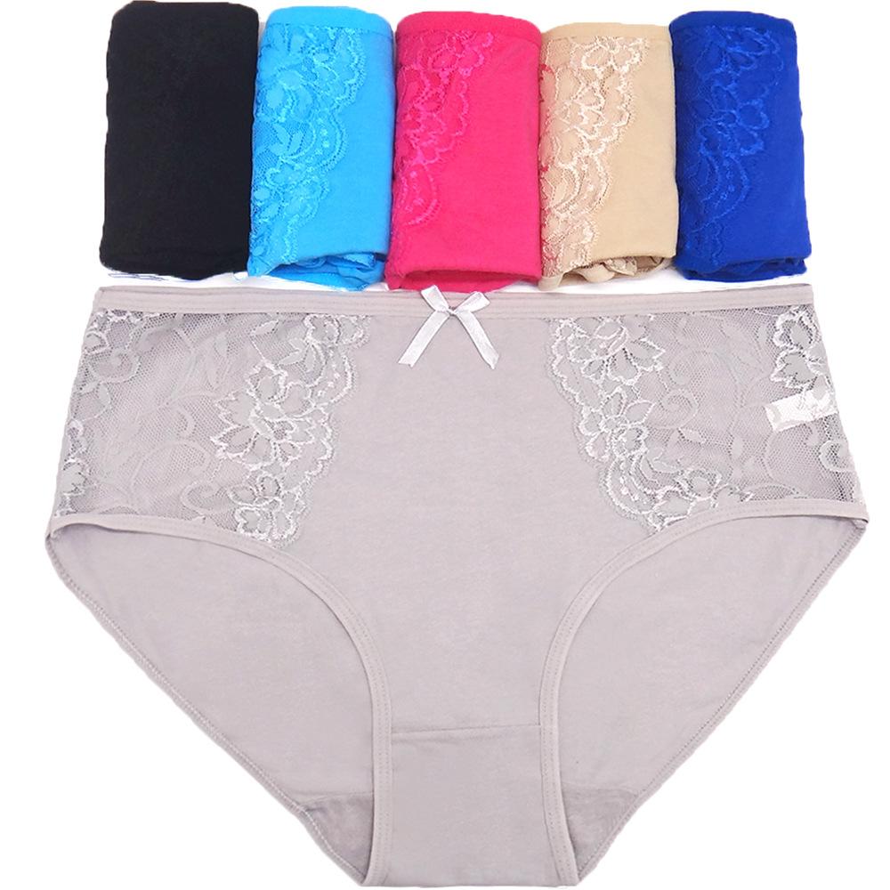 Plus Size Cotton Panties Sexy Lace Patchwork Women Underwear Solid Mid Waist Briefs 2XL-4XL 6 Pcs/set