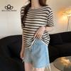 Новый летний вязаный топ в полоску с короткими рукавами, универсальная тонкая футболка, женская модная повседневная футболка