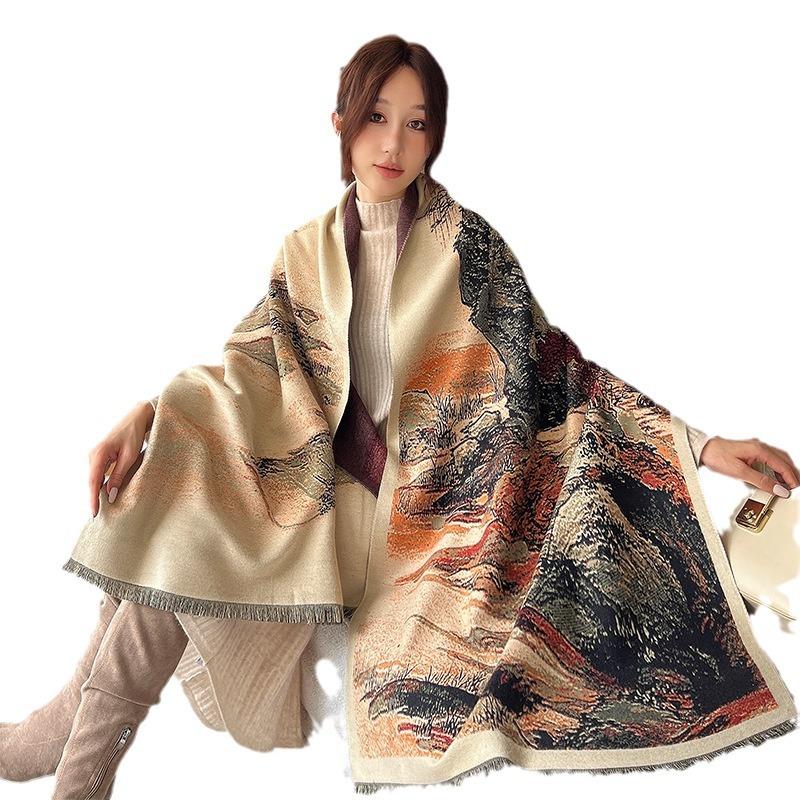 Имитация кашемирового шарфа для женщин на осень и зиму, изысканный модный шарф с китайской живописью, универсальная теплая шаль с кистями высокого класса