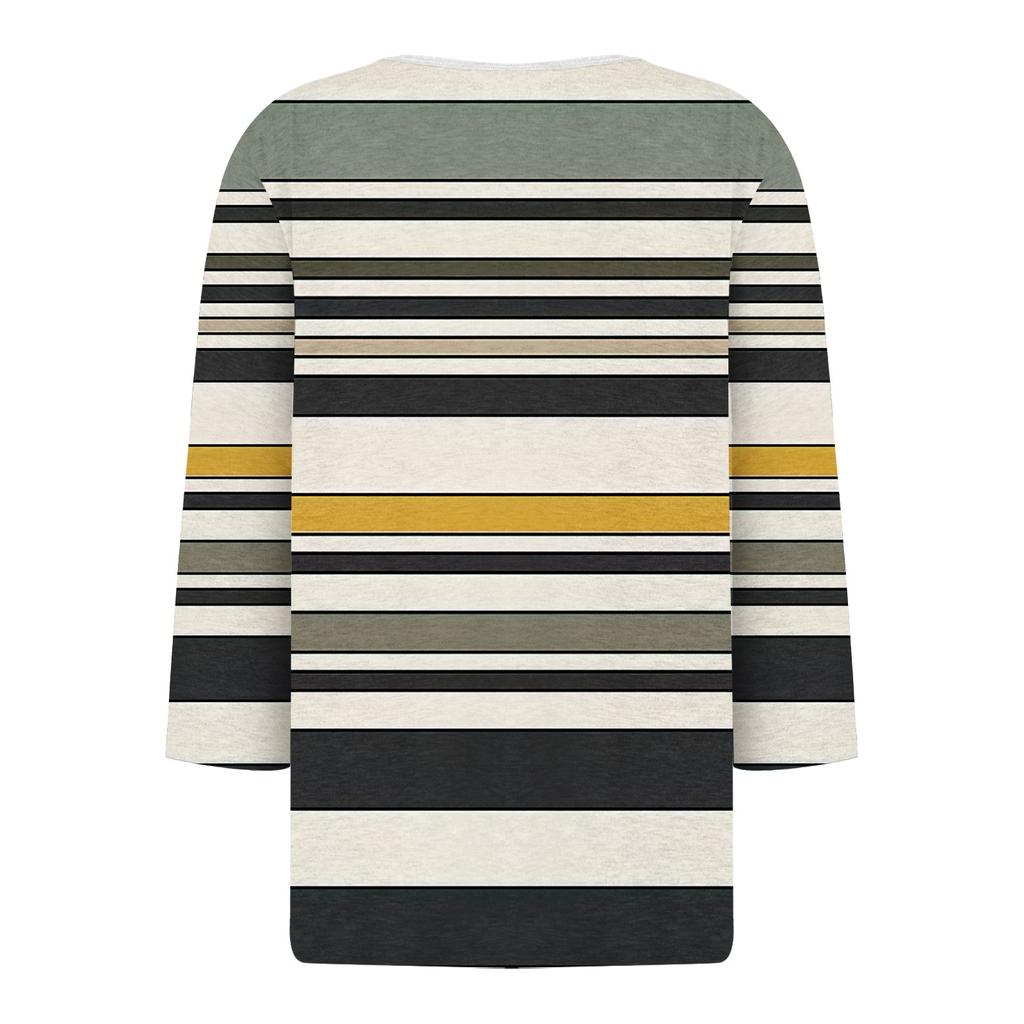 Women's Fashion Casual Striped Print V-Neck Decorative Button Three-quarter Sleeve T-Shirt Top