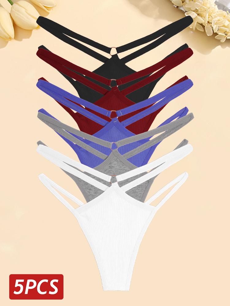 FINETOO 5 шт./компл. женские хлопковые трусики сексуальные ажурные стринги женское дышащее нижнее белье металлические кольца стринги нижнее белье эластичное с низкой посадкой