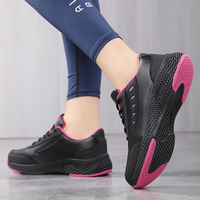 Women's Leather Sneakers Lightweight Casual Sneakers Lace Up Flats Comfortable Black Running Shoes Anti-slip Outdoor Sports