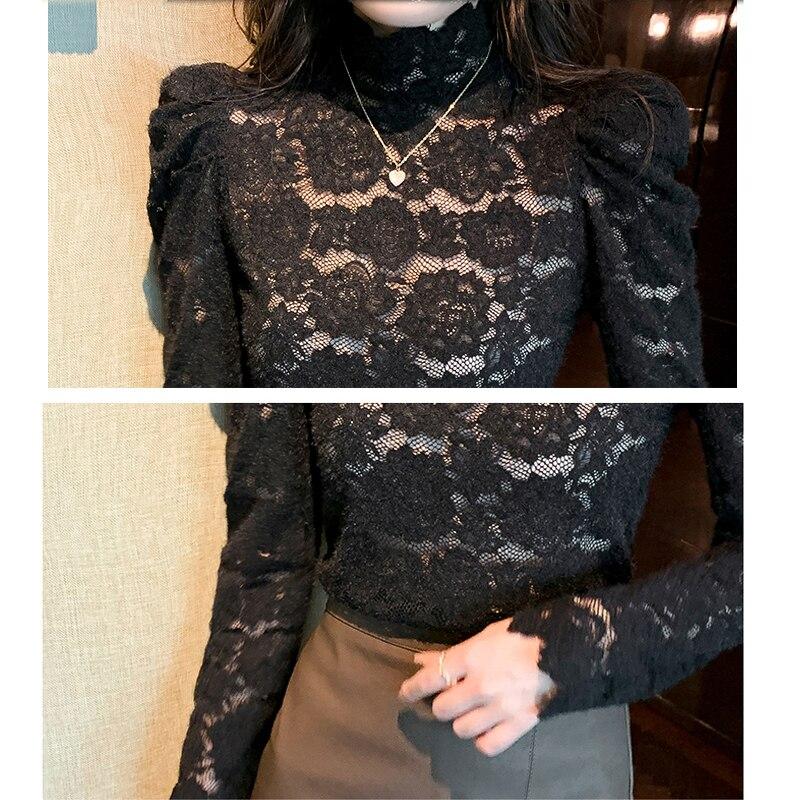 2023 Осенняя кружевная блузка с воротником-стойкой, женская элегантная блузка с длинными рукавами и низом, Mujer, белые женские рубашки 29175