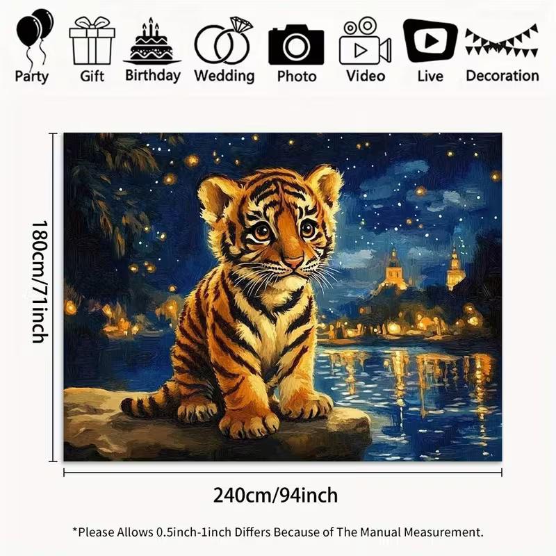 2D Whimsical Tiger Cub by Water Backdrop with Starry Night Lights