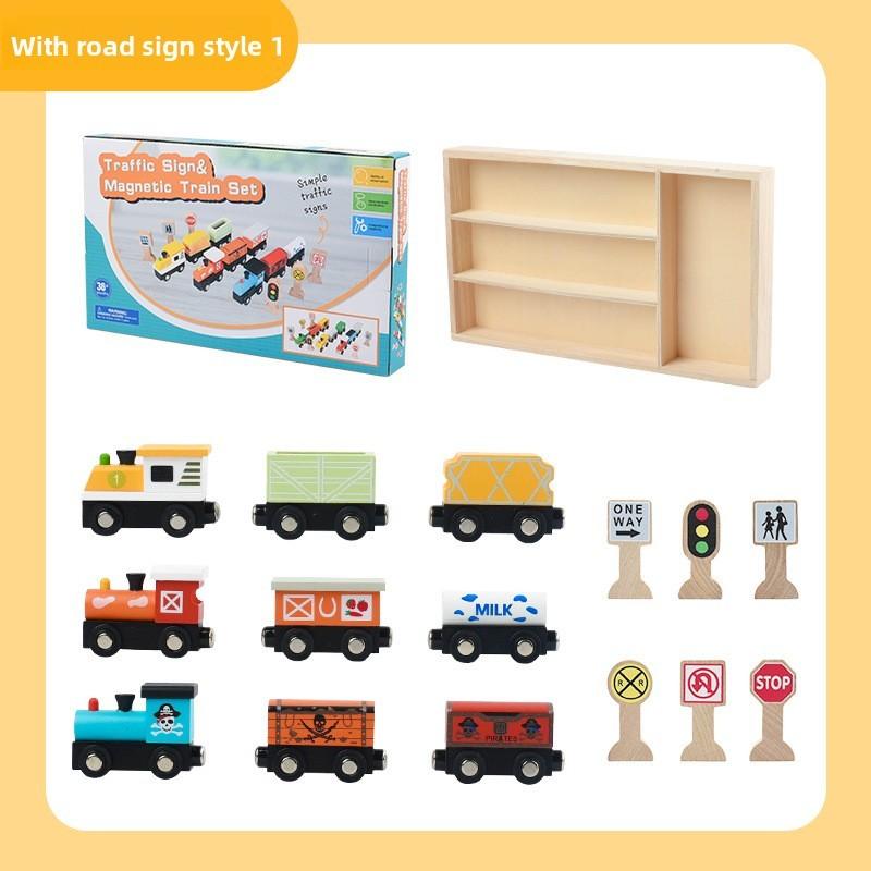 Fun Wooden Magnetic Small Train Signpost Building Block Children Puzzle Set For Toddlers
