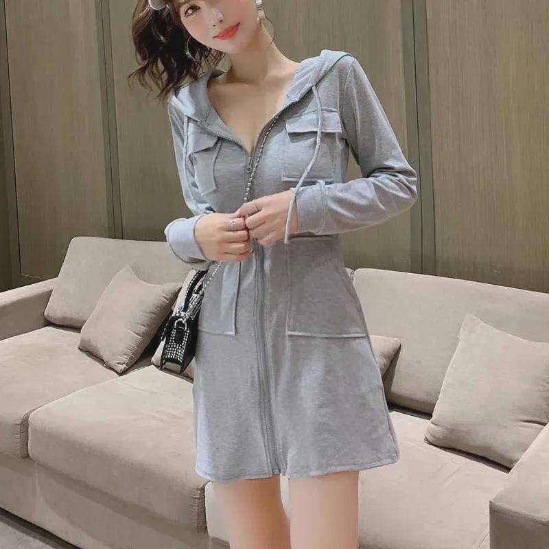 Plush Long-Sleeve Zippered Hoodie Dress - European and American Autumn/Winter Style for Women