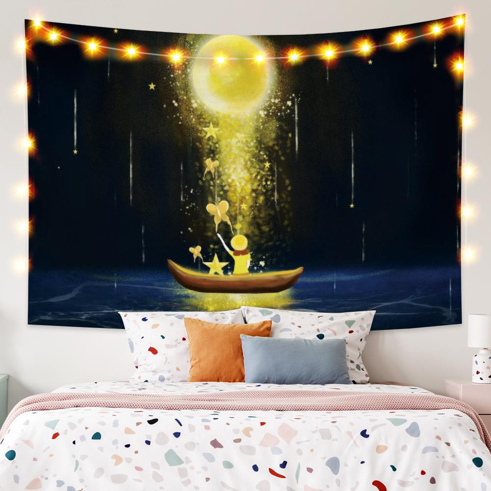 Яркий настенный гобелен с полной луной и звездами, мечтательный ночной вид, гобелен, абстрактный домашний декор, гобелен для спальни, гостиной, общежития