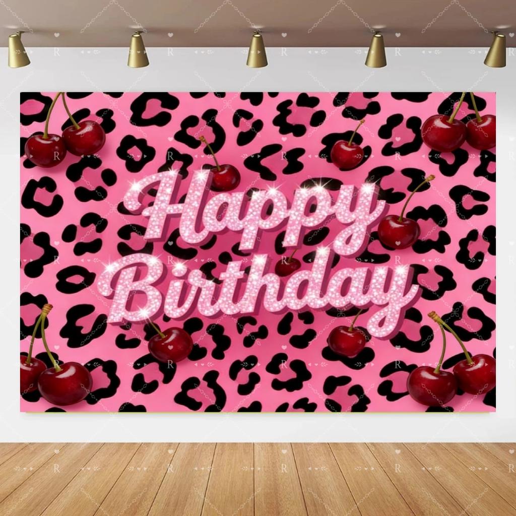 Pink Cherry Leopard Theme Birthday Party Decoration Plate Cup Balloon Banner Sexy Women Girls Shiny Photography Background Gifts