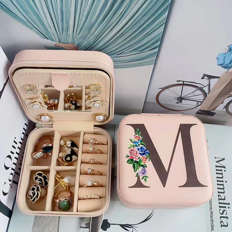 PU Jewelry Box Storage Mirror Box 26 Printed Letter Jewelry Box Portable Jewelry Storage Box Earring Ring Box