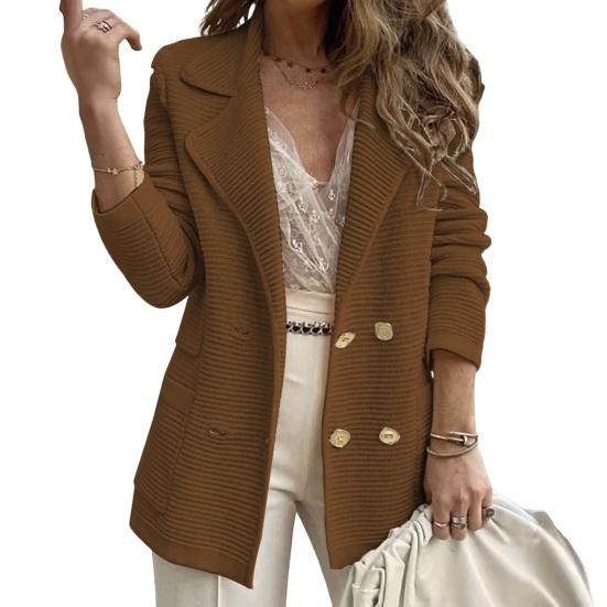 Women's Long Sleeve Tweed Double Breasted Blazer Jacket Notched Lapel Ribbed Open Front Fall Coat with Pockets