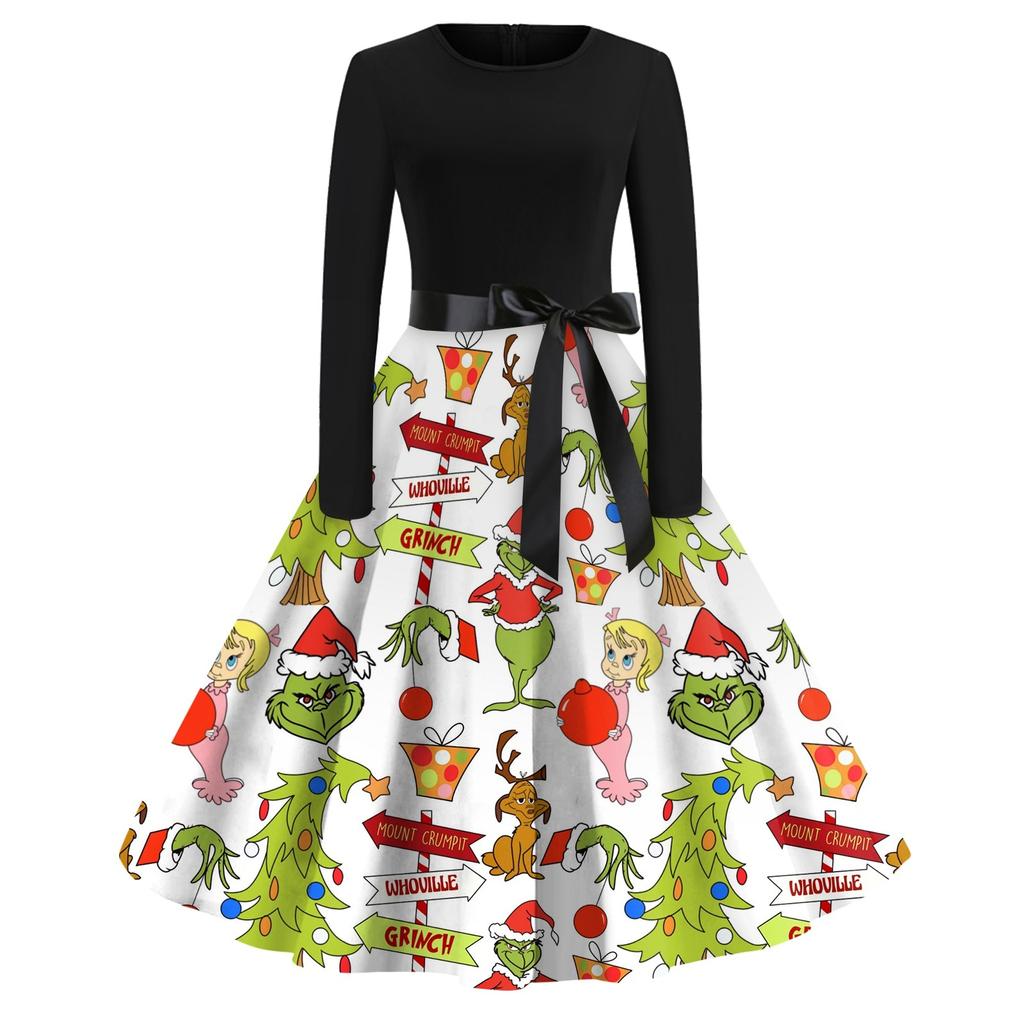Женское повседневное рождественское платье с круглым вырезом и широкими рукавами, облегающее платье