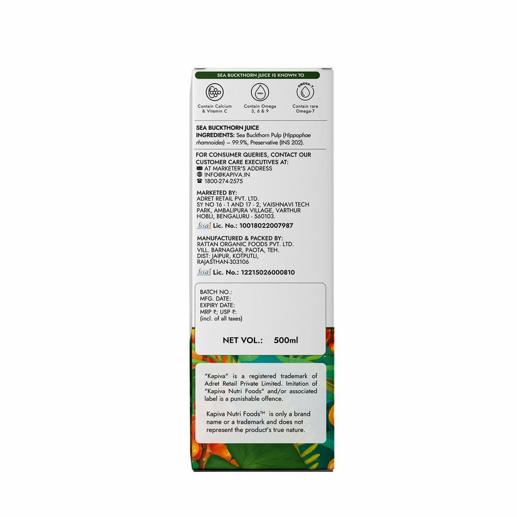Kapiva Sea Buckthorn Juice 500ml - Pure Nutrient Rich Superfruit Drink For Daily Wellness And Radiant Skin Support