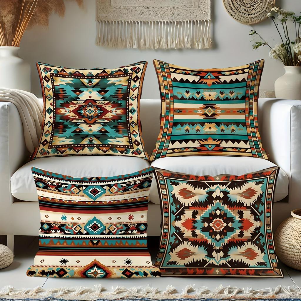 Bohemian-Style Geometric Pattern Pillow Cover: Exotic Tribal Motifs In Vivid Colors, Sofa Cushion Cover, Room Decoration