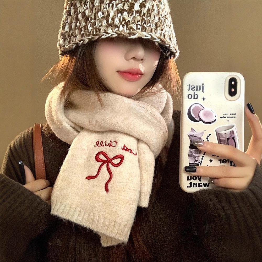 Scarf women's new autumn and winter Japanese cute retro English bow warm wool knitted scarf tide