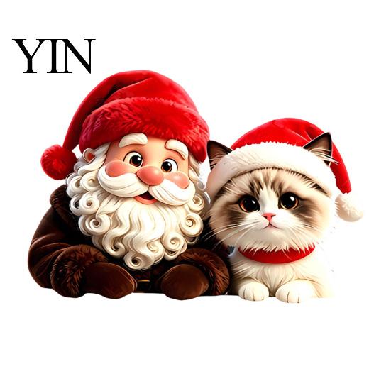 Holiday Glass Decals Christmas Santa Claus & Cat Static Window Clings, PVC Waterproof Stickers, Decorative Stickers for Home Doors Store Windows