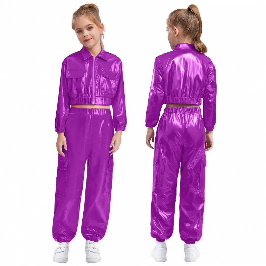 Детский танцевальный костюм для хип-хопа унисекс, куртка цвета металлик с длинными рукавами, отложным воротником и блестящими брюками