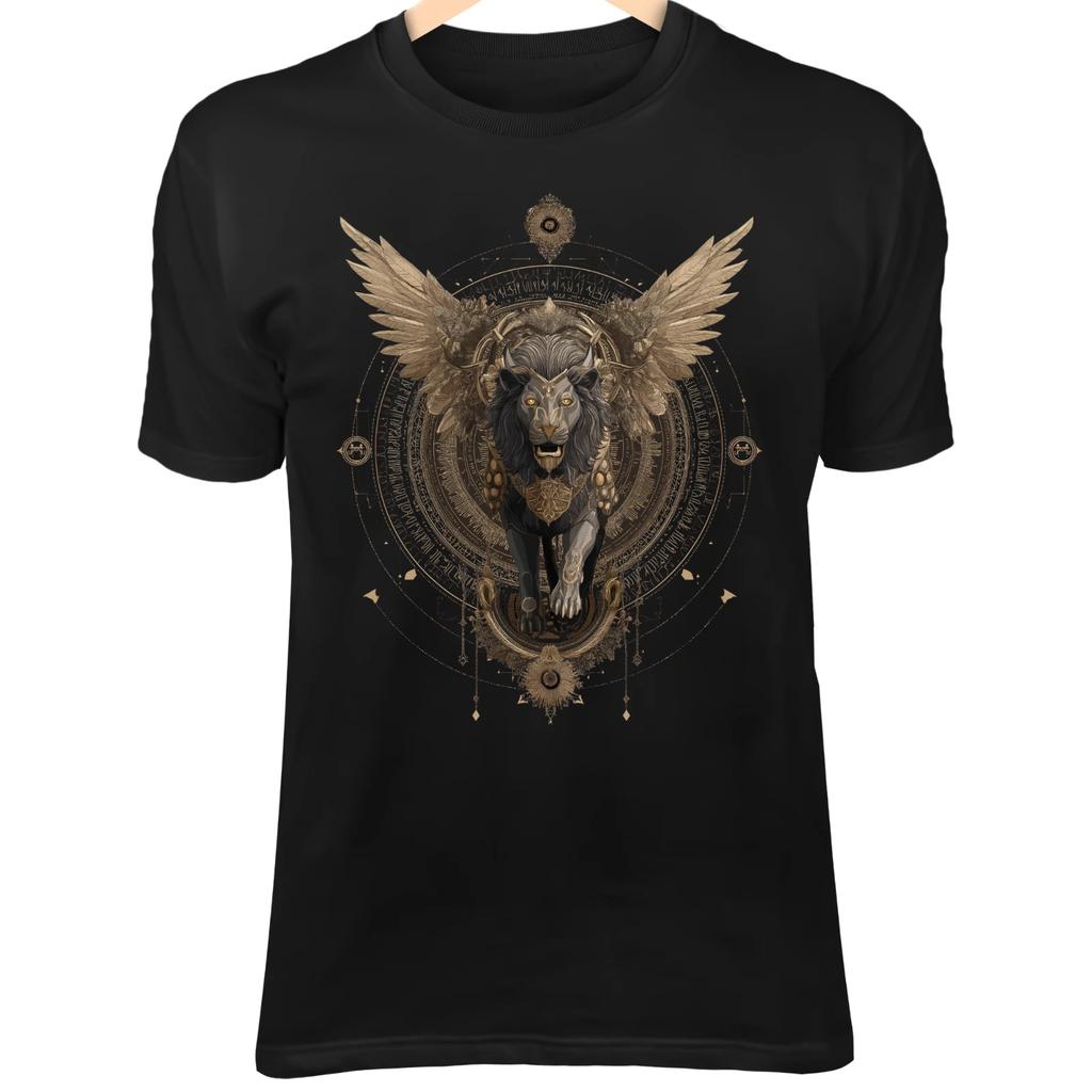 Sacred Lion T-Shirt – Gothic Armor Wings, Glowing Eyes, Divine Guardian Art