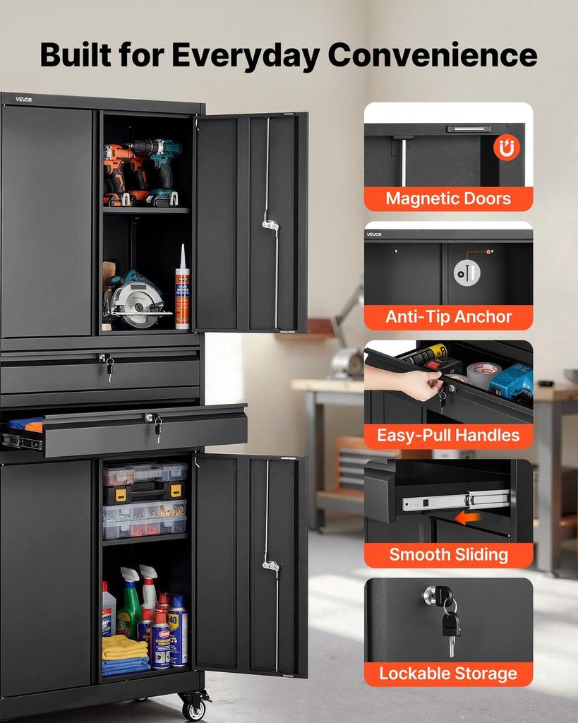 Metal Storage Cabinet with Wheels, 81.5 kg Shelf Load Capacity, 1905 mm Tall Rolling Garage Tool Storage Cabinet with 4 Locking Doors and Adjustable