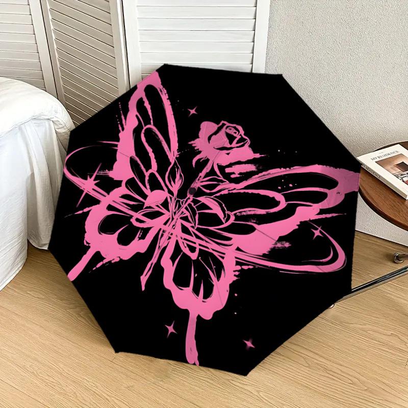 1pc Pink Butterfly Rose Design Umbrella with Plastic Handle,Suitable for All Seasons Home Travel Outdoor UmbrellaDD1039