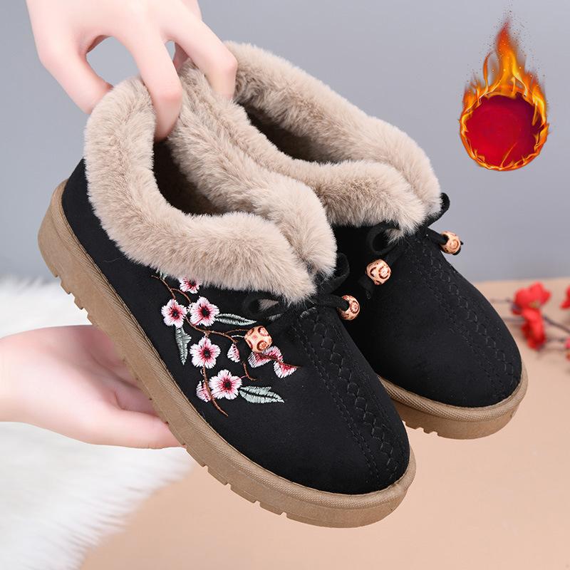 Женские зимние теплые ботинки на платформе для снега с подкладкой из искусственного меха, повседневные нескользящие короткие ботинки с вышивкой для женщин, домашняя обувь для отдыха на открытом воздухе