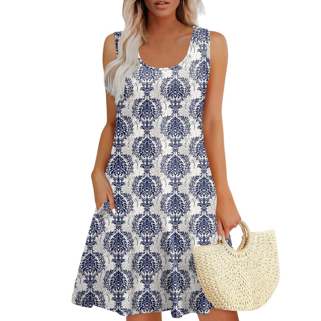Women's Summer Casual U-shaped Tie Pocket Popular Floral Print Dress