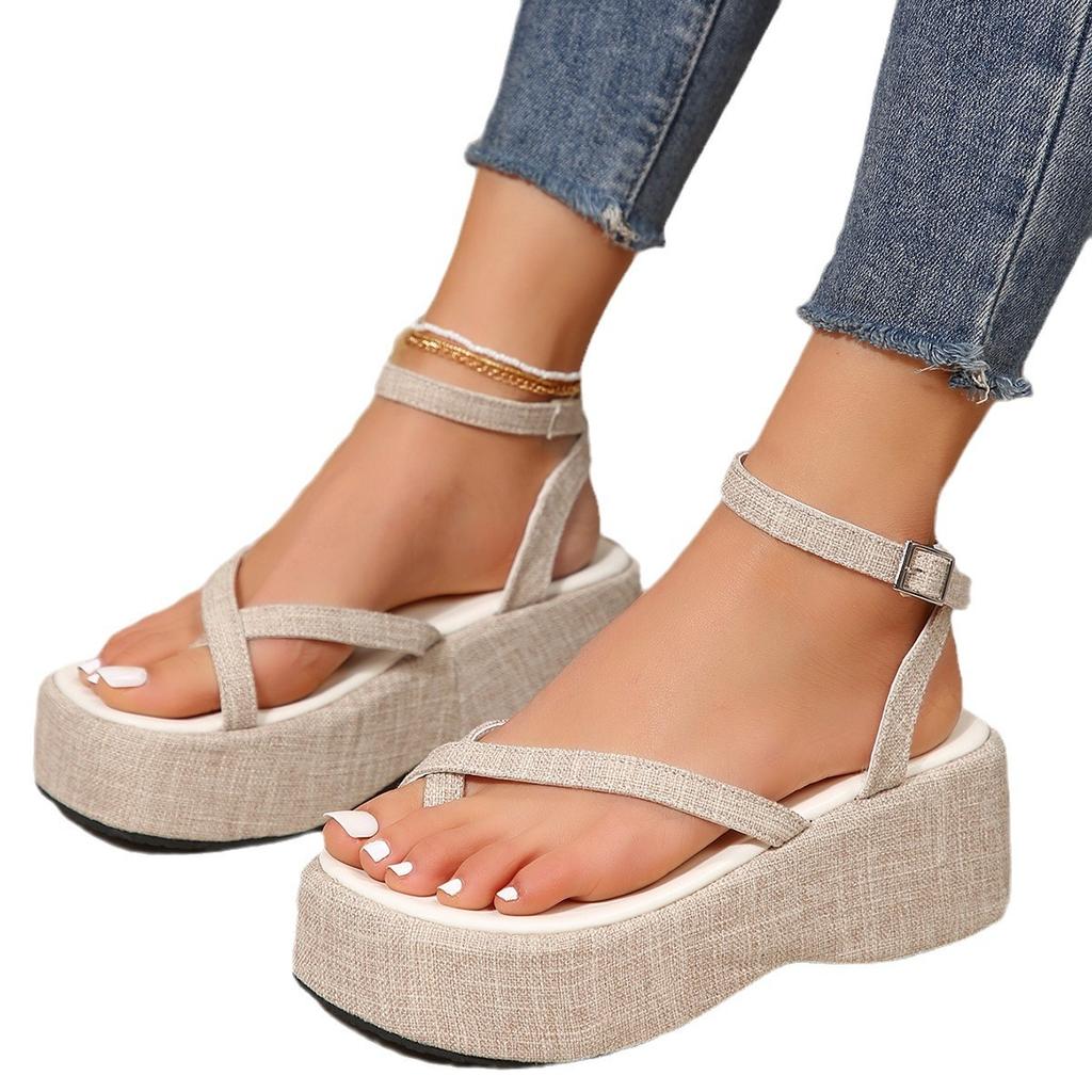 Foreign Trade Large Size Summer New Toe Sandals Denim Wedge Heel Sandals Casual Muffin Thick Sole Roman Sandals Women
