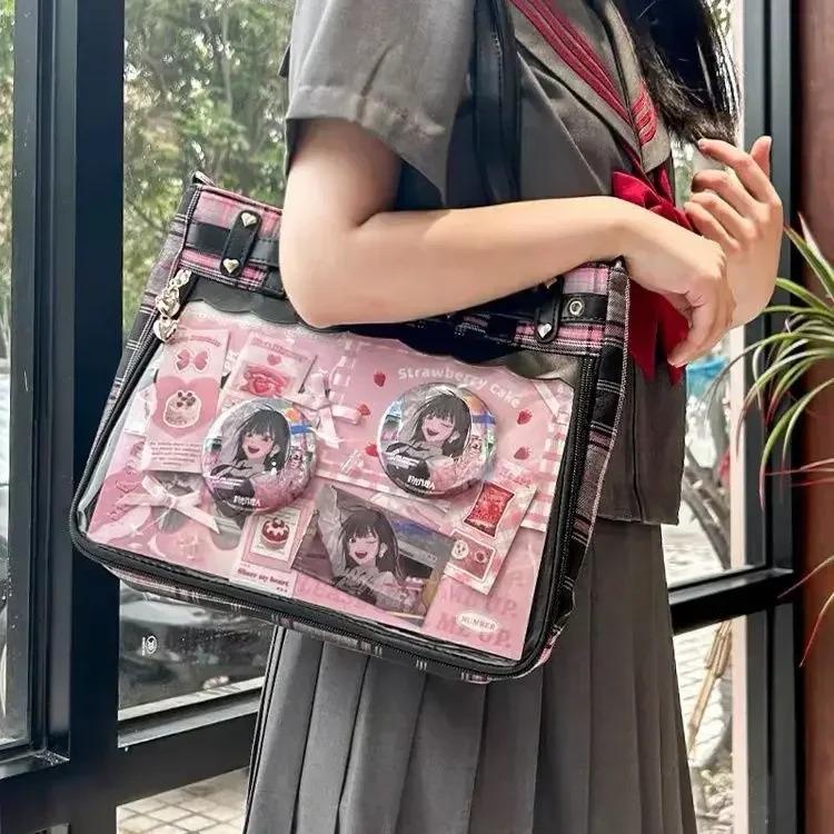 Women Fashion Checkered Pattern Retro Ita Bag Cute Girl Transparent Large Capacity Tote Bag New Shoulder Bag DIY Display Handbag