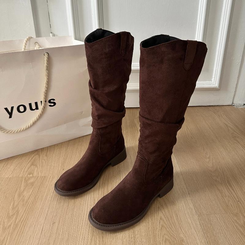 Осень Зима Женские Ковбойские Сапоги на Низком Каблуке Модные Мягкие Плиссированные Туфли Женские Винтажные Слипоны Длинные Ботильоны