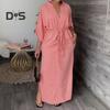 Summer Fall Dress V Neck Drawstring Slim Waist Side Split Three-quarter Sleeves Pure Color with Cufflink Daily Wear Commuting Dating Maxi Dress