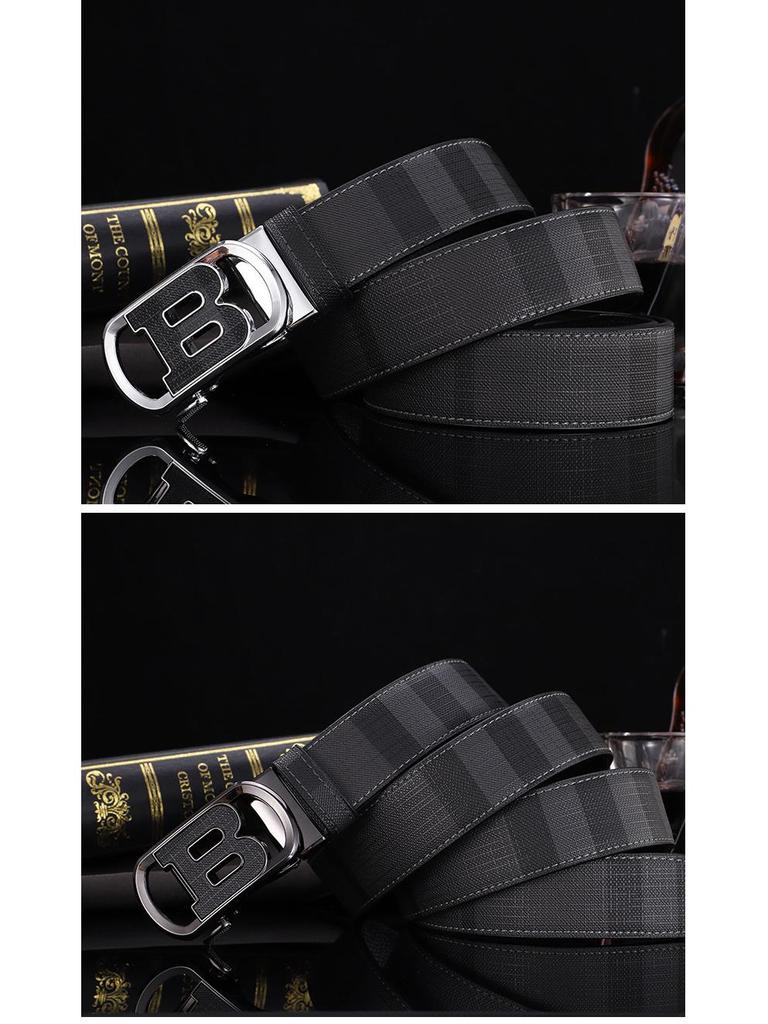 Men's Genuine Leather Belt - Cowhide Plaid with Automatic Buckle, Versatile Business & Fashion Style