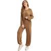 Women’s Sleep Lounge 2 Piece Pajamas Set Round Neck Long Sleeves Shirts Jogger Pants Autumn Spring Sleeping Suit Brown Casual Loose Wear
