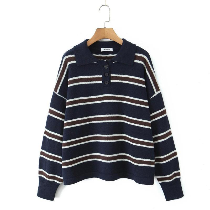 Womens Striped Knit Sweater With Wind Collar Loose Fit Long Sleeve Pullover Streetwear