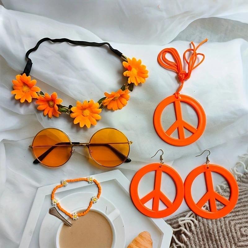 Hippie Peace Sign Costume Set Halloween Party Colorful Earrings Necklace Adult Cosplay Accessories