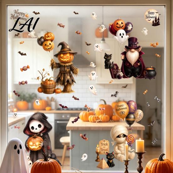 Waterproof Pumpkin Ghost Murals 4Pcs Halloween Cartoon Window Clings Scarecrow Stickers Home Beautification Supplies Removable Decals for Storefront