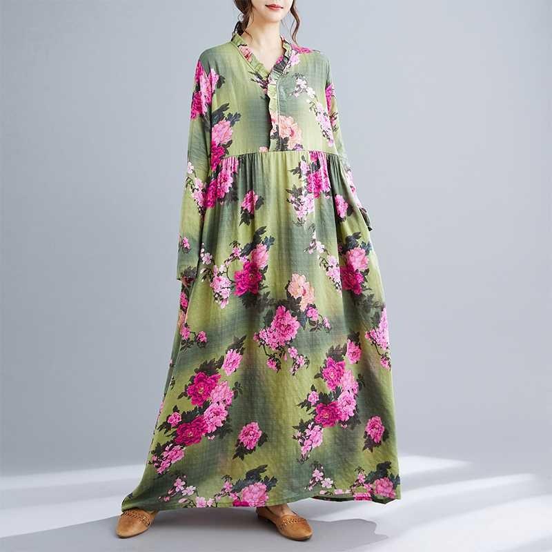 Bohemian Printed Loose Long Sleeve Hem Long Dresses