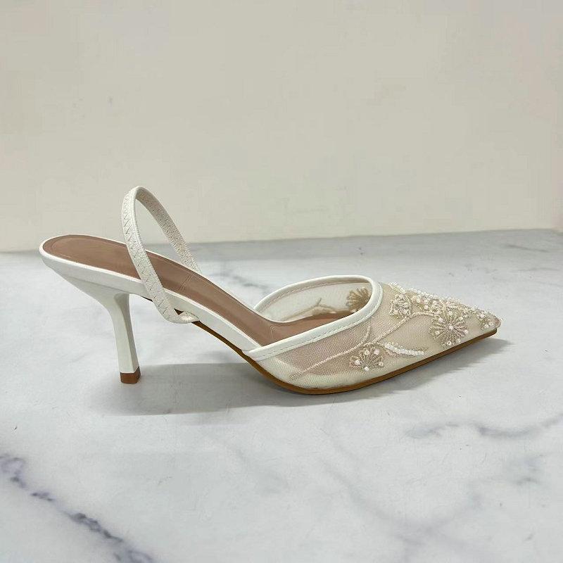 Fashion 2025 Spring And Summer Wear Fashion Shallow Mouth Pointed Net Rhine-Diamond Pearl After Empty High-Heeled Sandals Women'S Shoes