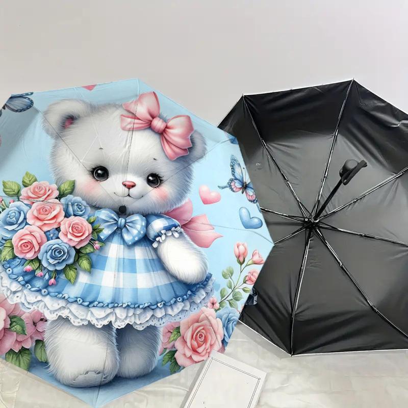 1PC Bear Flowers Umbrella-8-Rib Reinforced, Automatic Open, Lightweight & Durable, Cute Fashion Accessory for Outdoor-Y0340
