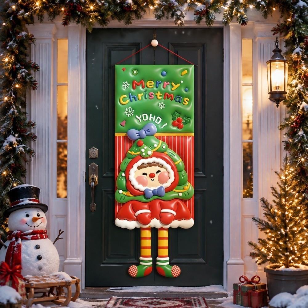 Cute Christmas Door Hanging Banner Cartoon New Year Hanging Flag Garden Door Porch