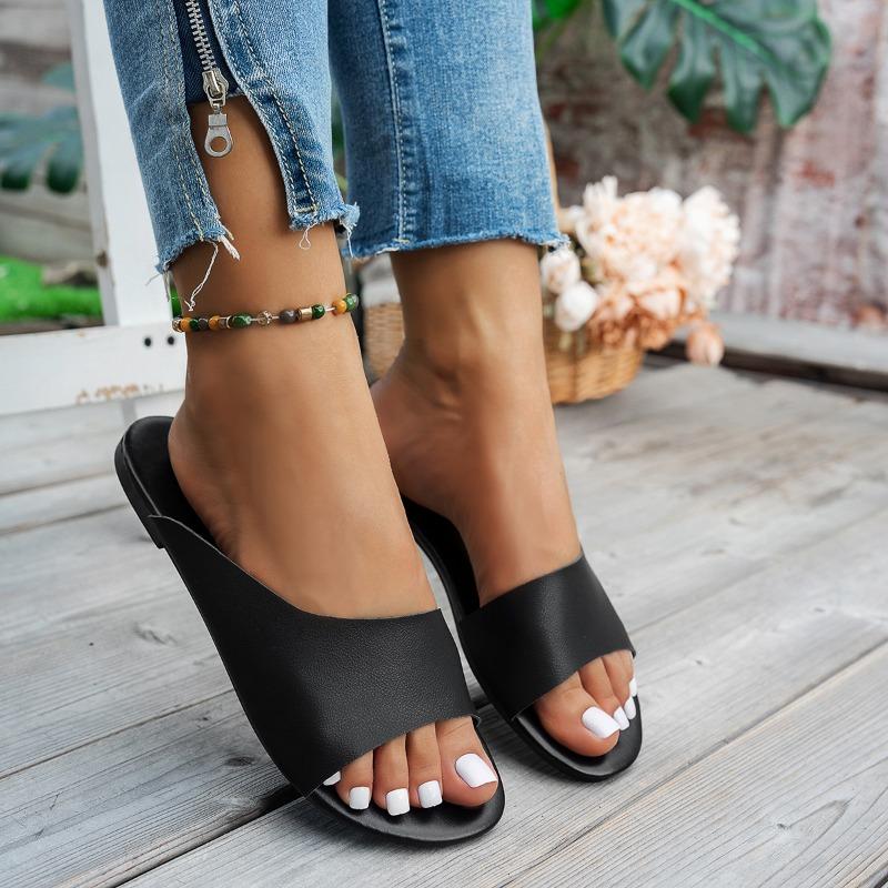 Летние новые сандалии женские большого размера на плоской подошве однотонные повседневные прохладные шлепанцы