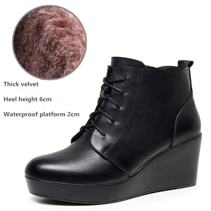 Genuine Leather Autumn Winter Women Boots Warm Plush Ankle Boots Female Wedges Boots Women Platform High Heels Shoes Size 33-43