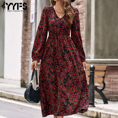 Женская мода лето весна цветочный принт с длинным рукавом V-образным вырезом с высокой талией повседневные платья
