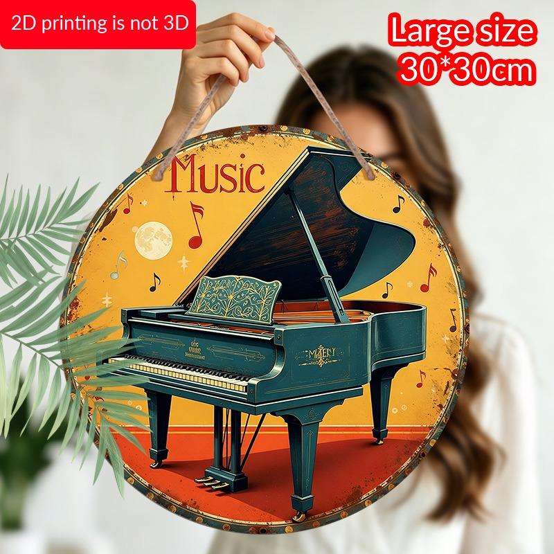 2D Flat Aluminum Decorative Plaques and Ornaments Sign, Hanging Wall Art with Classic Grand Piano Illustration, Retro Music Room Decor for Home