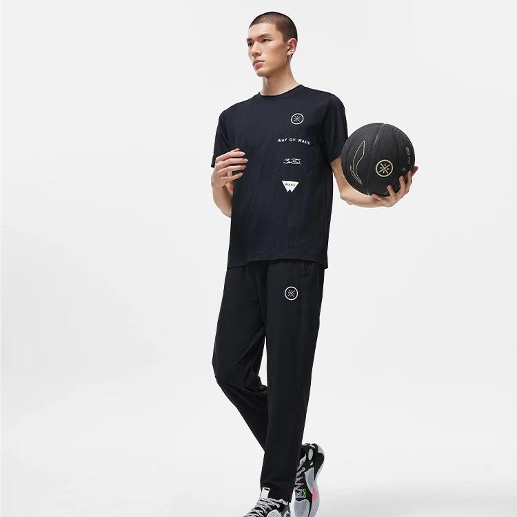 Li-Ning Мужские трикотажные спортивные брюки с принтом логотипа серии Wade, солнцезащитные, охлаждающие, прямые, черные AKYT231-1